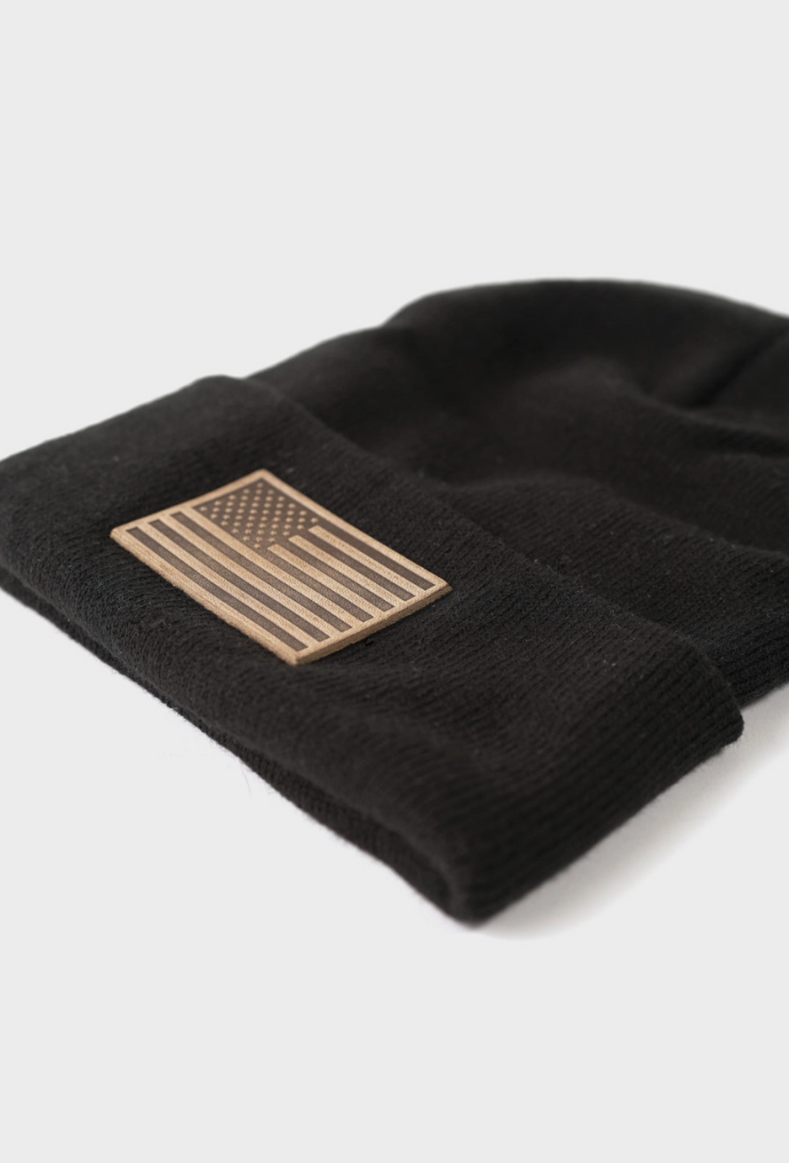 American Flag Leather Patch Knit Beanie