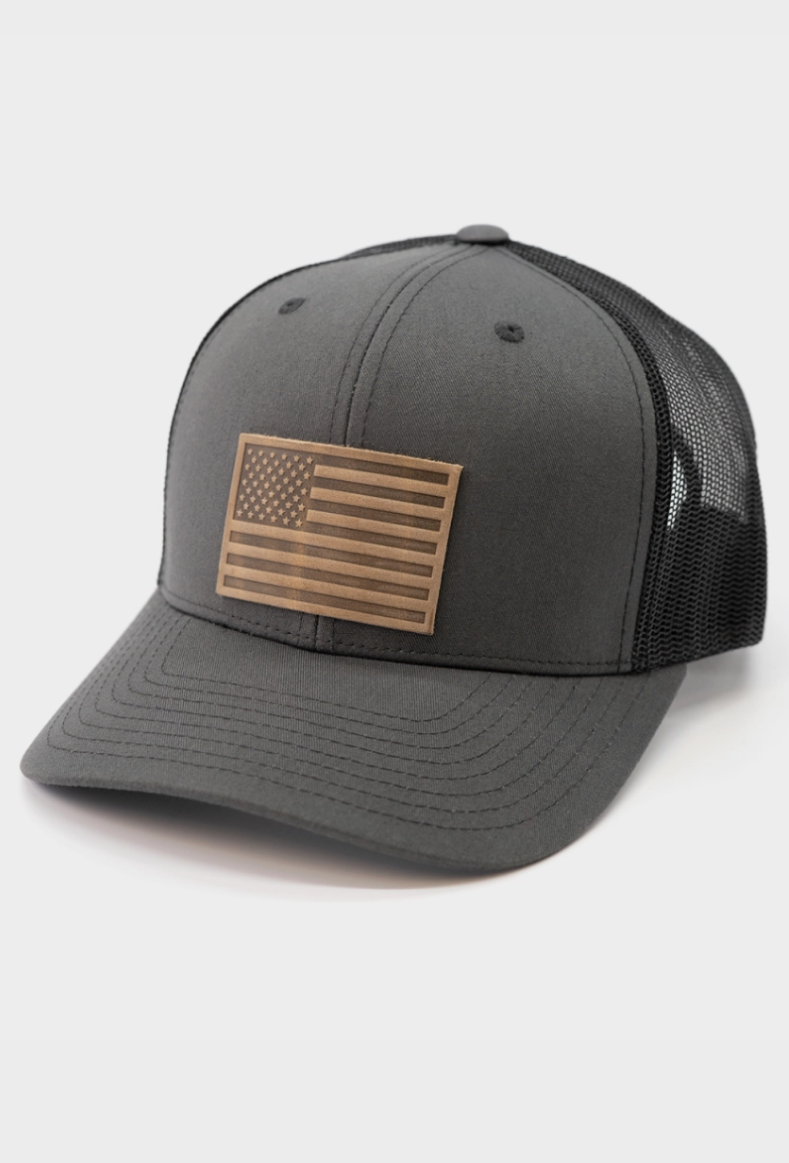 American Flag Leather Patch Hat-Grey with black mesh
