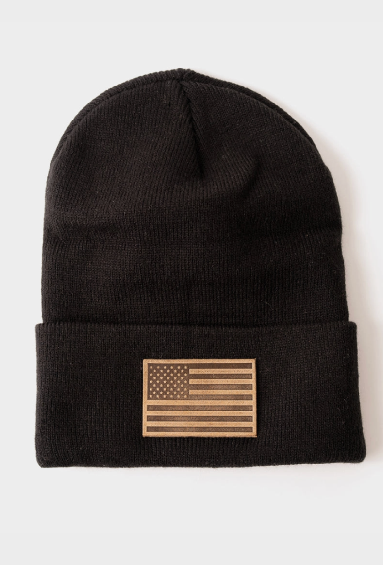 American Flag Leather Patch Knit Beanie