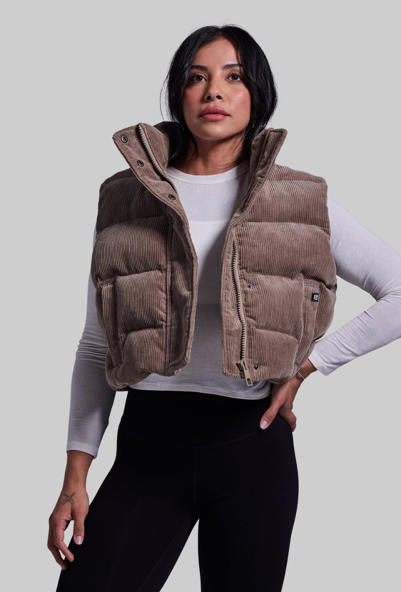 Fireside Cropped Corduroy Puffer Vest-Beige | Born Primitive