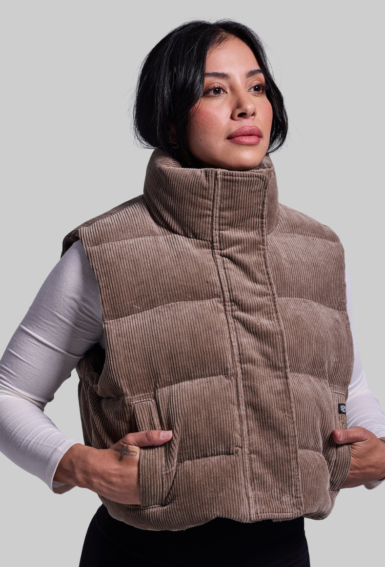 Fireside Cropped Corduroy Puffer Vest-Beige | Born Primitive