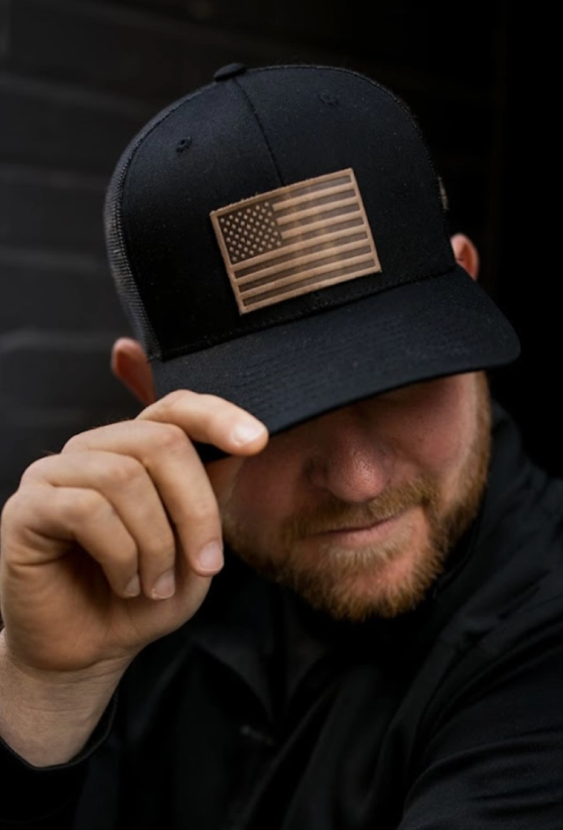 American Flag Leather Patch Hat-Grey with black mesh